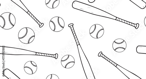 Seamless pattern of baseball bats and balls in a handdrawn sketch style isolated on transparent background