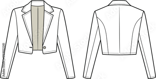 Cropped blazer jacket flat sketch, technical fashion illustration, front and back view, single-button closure, notched lapel, princess seams, garment design vector