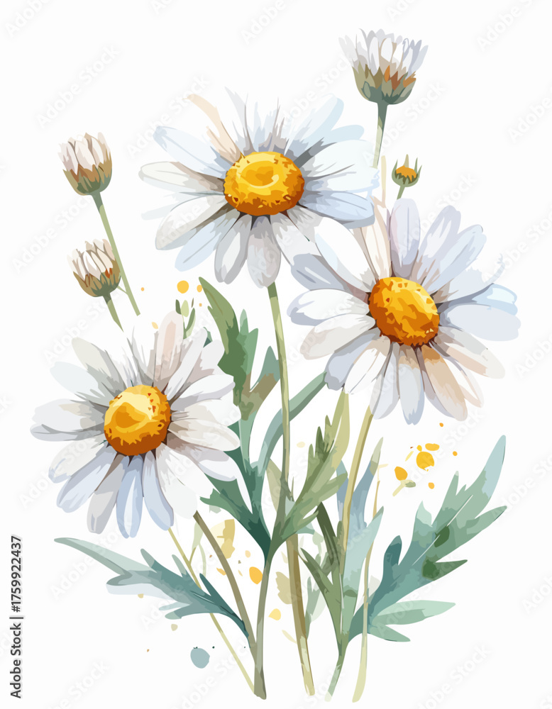 Fototapeta premium Watercolor painting of delicate white daisies with yellow centers and green leaves.