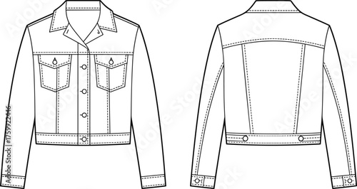 Denim jacket fashion sketch, button-down front with flap pockets and yoke seam, technical flat illustration, front and back view, garment template