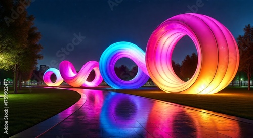 A spectacular public art showcase featuring an illuminated infinity sculpture with an assortment of vibrant colors, a celebration of light and design in a city park at night