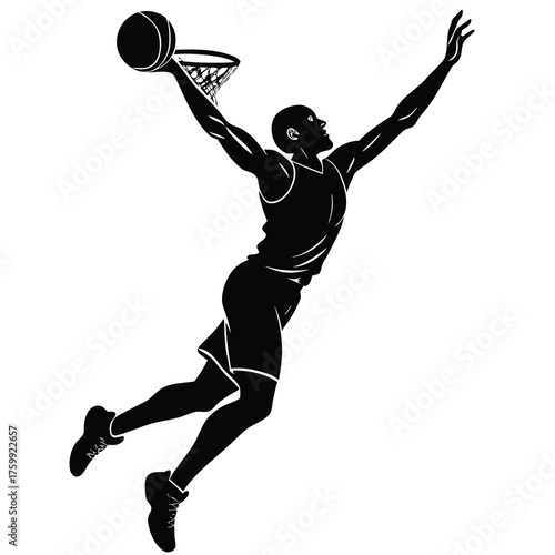 Dynamic basketball player performing a powerful dunk against a clean white background representing sports and athleticism