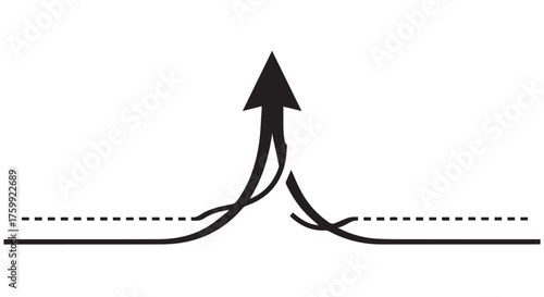 Two lines merging into an upward arrow symbol isolated on transparent background