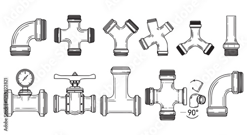 Collection of plumbing pipe fittings and valves illustration isolated on transparent background