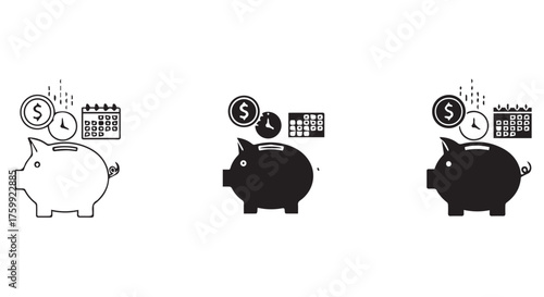 Piggy bank with coins and calendar icons representing savings isolated on transparent background