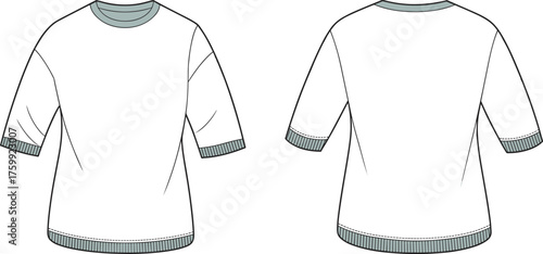 Short-sleeved crew neck shirt fashion sketch, dropped shoulder design with ribbed cuffs and hem, technical flat illustration, front and back view