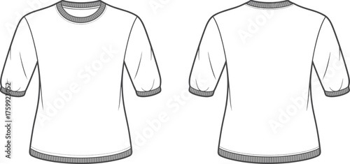 Short-sleeved crew neck t-shirt fashion sketch, ribbed cuffs and hem design, technical flat illustration, front and back view, garment template