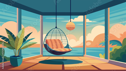 A cozy corner with a hanging swing chair surrounded by floortoceiling windows showcasing a beautiful tropical view.