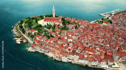 Aerial panorama of Croatian landmark, old town Rovinj and the cathedral of St. Euphemia, Istria, Croatia.