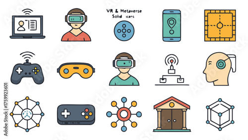 Vector illustration of virtual reality & metaverse solid icon set for web 