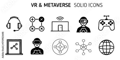 Vector illustration of virtual reality & metaverse solid icon set for web 