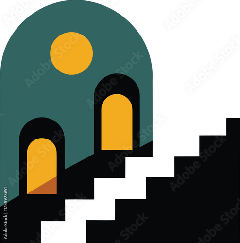 Escapist landscape with impossible staircases and arches