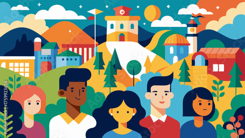 A colorful mural spanning across a wall depicting the diverse student body and campus community.