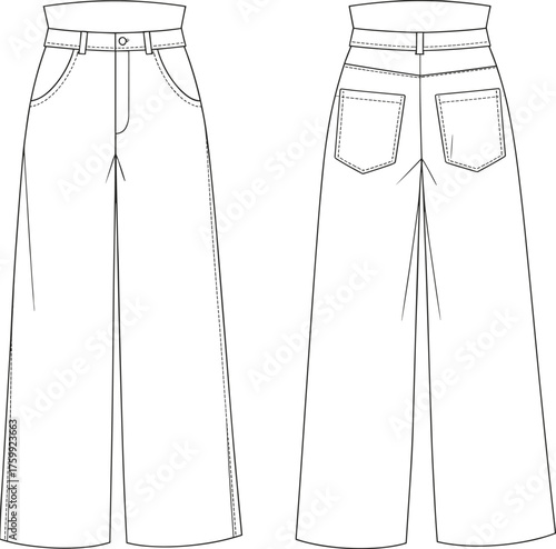 Wide-leg pants fashion sketch, high waist design with curved pockets and seam details, technical flat illustration, front and back view, garment template