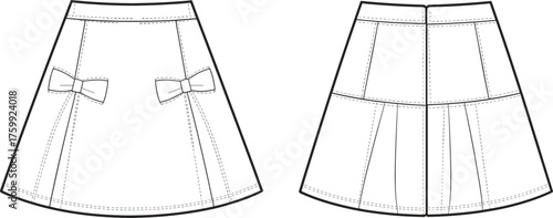Women's A-line skirt technical sketch, front and back view, bow detail, pleat seams, fashion flat drawing, garment construction, vector apparel template
