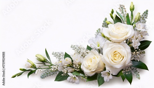 White Roses And Eustoma Flowers In A Corner Arrangement Isolated On White Or Transparent Background