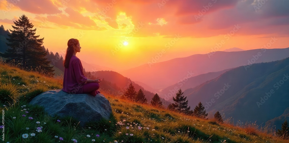 Fototapeta premium A serene landscape at sunrise, embodying the peaceful pursuit of spiritual enlightenment and inner peace Perfect for meditation, mindfulness, and yoga themes , quiet, cosmos, faith