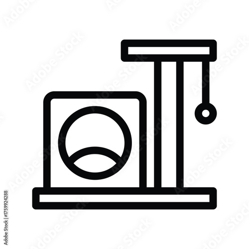 A black and white lineart illustration depicts a cat scratching post with a cubby and a hanging ball. Editable stroke line  icon