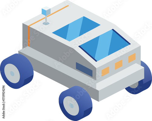 Isometric vector illustration of a futuristic lunar transport rover for space exploration projects