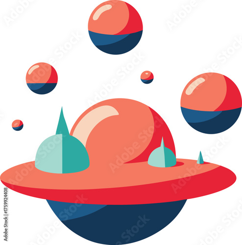 Abstract floating spheres forming surreal architecture