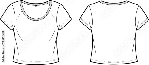 Women's crop top fashion sketch, scoop neck short sleeve design, technical flat drawing, front and back view, apparel template, garment illustration