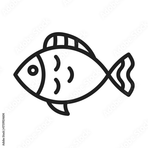 A black outline drawing of a fish with a dorsal fin eye two markings on its body and a forked tail. Editable stroke line  icon