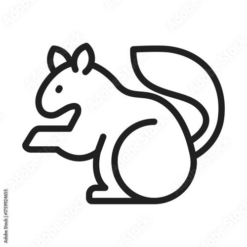 A black outline of a squirrel with a bushy tail and small ears sits upright looking to the left. Editable stroke line  icon