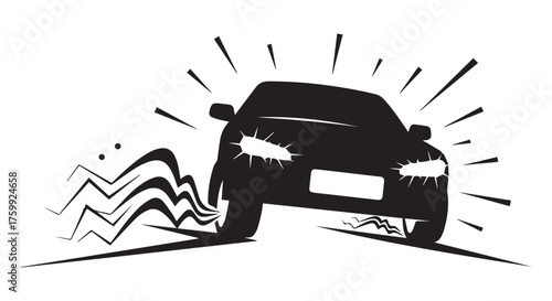 Black car skidding with zigzag smoke and motion lines, isolated on transparent background