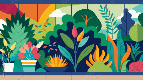 A colorful mural covers one wall depicting various plant species and their benefits.