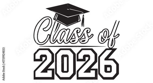 Class of 2026 graduation cap and text, isolated on transparent background