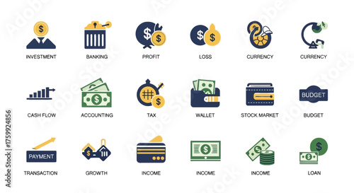 Finance, Banking, and Investment Icon Set with Labels — Flat Vector Representing Profit, Accounting, and Business Economy Concepts