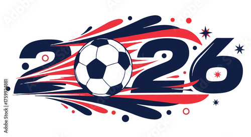Soccer ball with 2026 text and abstract red and blue splashes isolated on transparent background