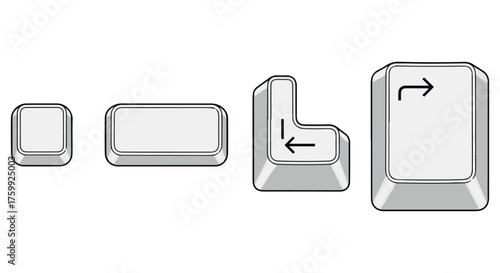 Set of computer keyboard keys including shift and enter, isolated on transparent background