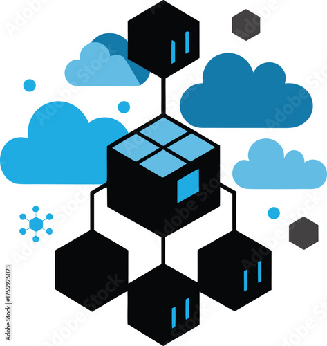 Obraz na plátně Vector dreamscape combining clouds cubes and mechanical