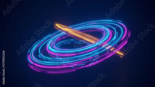 Abstract Neon Light Trails Orbiting a Golden Core.