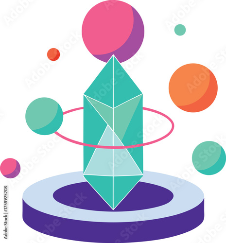 Vector collage of spheres orbiting around glowing core