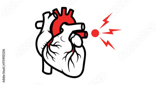 Illustration of a human heart with a red dot and lightning bolts, isolated on transparent background