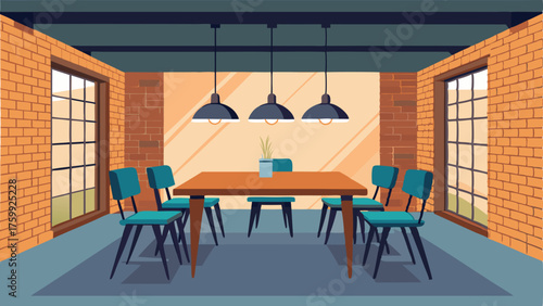 A dining room with a minimalist wooden table and sleek metal chairs surrounded by exposed brick and wood beams.