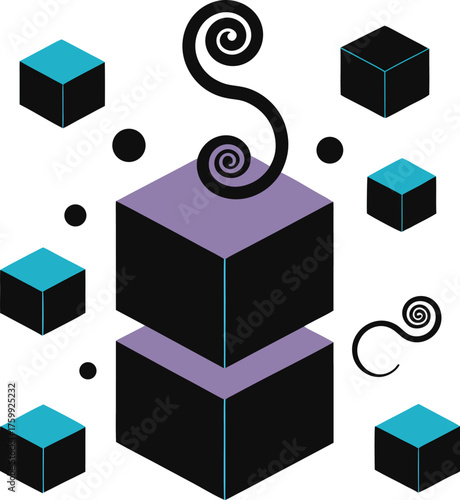Vector collage of cubes and spirals forming surreal