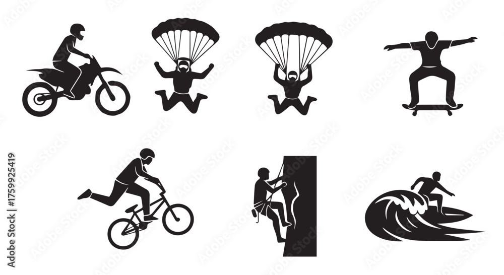 Obraz premium Collection of extreme sports icons including motocross, skydiving, skateboarding, cycling, rock climbing, and surfing, isolated on transparent background