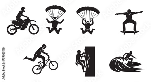 Collection of extreme sports icons including motocross, skydiving, skateboarding, cycling, rock climbing, and surfing, isolated on transparent background