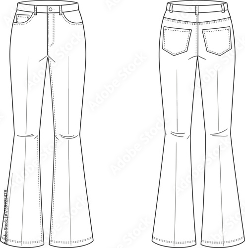 Women's flared jeans technical sketch, front and back view, fashion flat drawing, garment construction, denim design template, apparel vector illustration