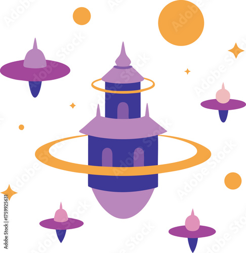 Surreal floating temples surrounded by glowing rings