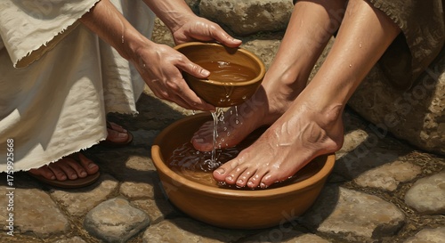 A symbolic depiction of humility and service as jesus washes the feet of a disciple, highlighting themes of love, devotion, and spiritual leadership in a rustic setting
