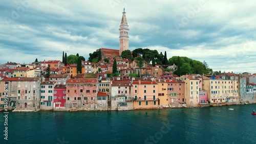 Aerial panorama of Croatian landmark, old town Rovinj and the cathedral of St. Euphemia, Istria, Croatia.