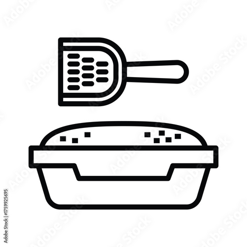 A cat litter box filled with litter accompanied by a scoop. Editable stroke line  icon