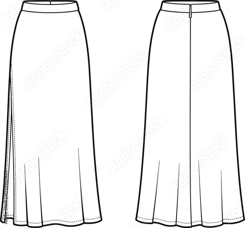 Women's long skirt technical sketch, front and back view, high waist, side slit, zipper closure, fashion flat drawing, vector garment design template