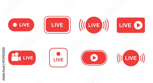 Collection of red live streaming buttons and icons isolated on transparent background