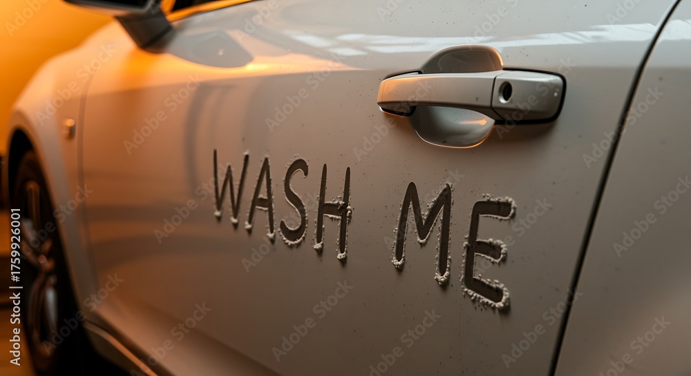 Obraz premium Closeup of wash me written on the side of a white car door, with water droplets and warm lighting