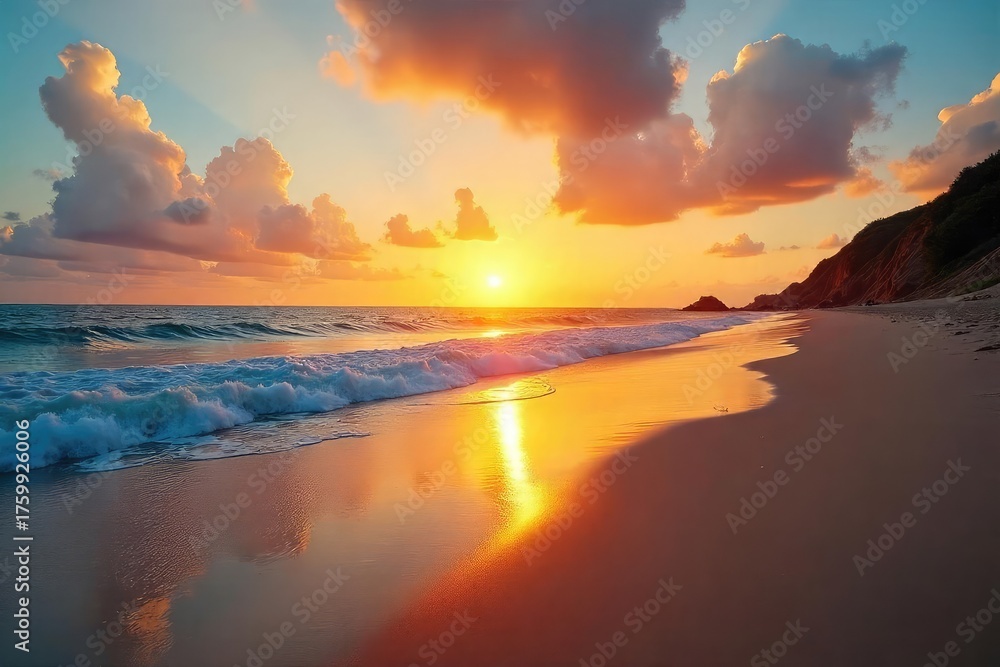 Fototapeta premium Stunning sunset over a tranquil beach, golden light reflecting on the calm ocean waves and wet sand Perfect for travel, vacation, and nature themes , summer, low angle